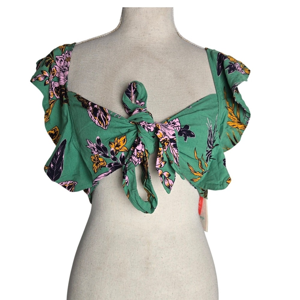 Maaji Sz S Heaven Peplum Crop Top Green Floral Ruffle Tie Front Beach Summer